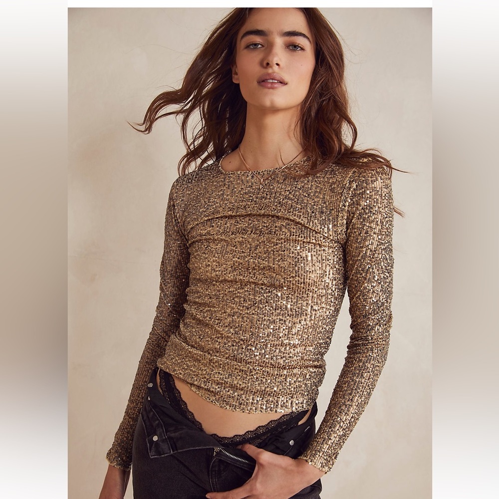 Free People Gold Rush long sleeve sequin tee